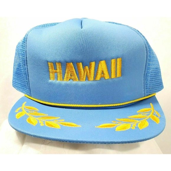Hawaii Vintage Trucker Hat Blue Gold SnapBack Cap Hawaiian Headwear mesh back - Picture 6 of 8